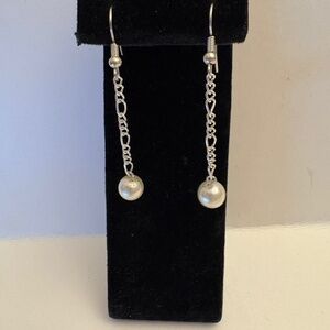 Silver and Pearl Dangle Earrings 2 inch drop handmade hook earring